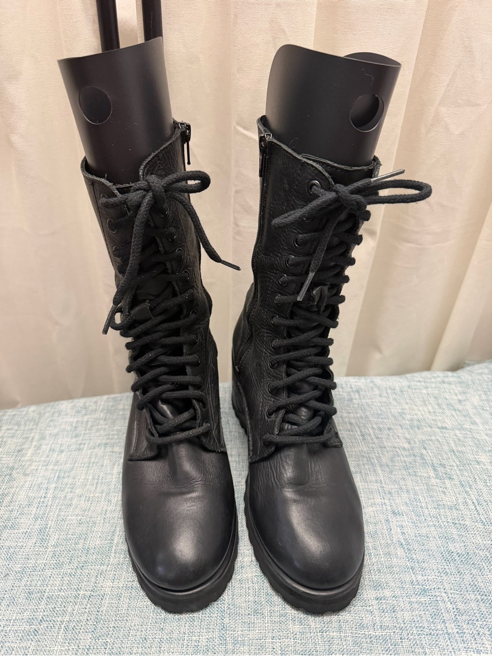 Steve Madden Black Lace-Up Tall Leather Combat Boots with Side Zip